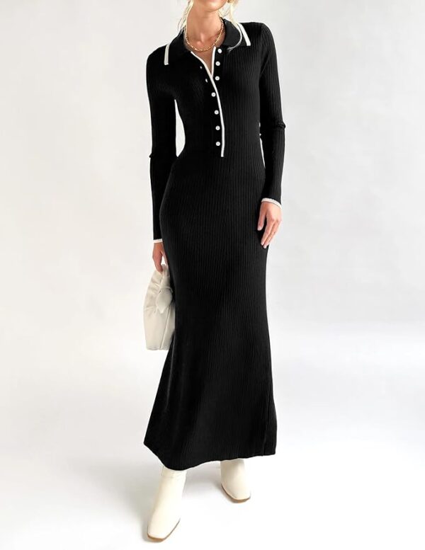 ZESICA Women's Long Sleeve Sweater Dress 2024 Fall V Neck Ribbed Knit Casual Formal Cocktail Bodycon Maxi Dresses - Image 2