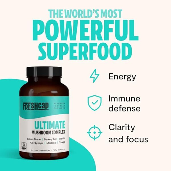FreshCap Ultimate Mushroom Complex - Ayurveda Lions Mane, Reishi, Cordyceps, Chaga, Turkey Tail, Maitake - Immune Support & Nootropic Supplements for Immunity, Energy, Memory & Focus (120 Capsules) - Image 6