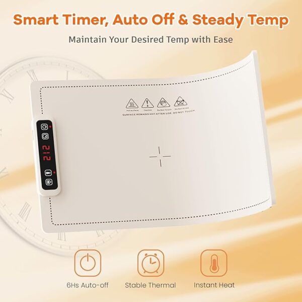 Portable Food Warming Mat for Food: Electric Real-Time Temp Display Food Warmers for Parties, Buffets, Gatherings, 5 Temp Levels, Timer, Auto Shut-Off (Champagne Beige) - Image 6