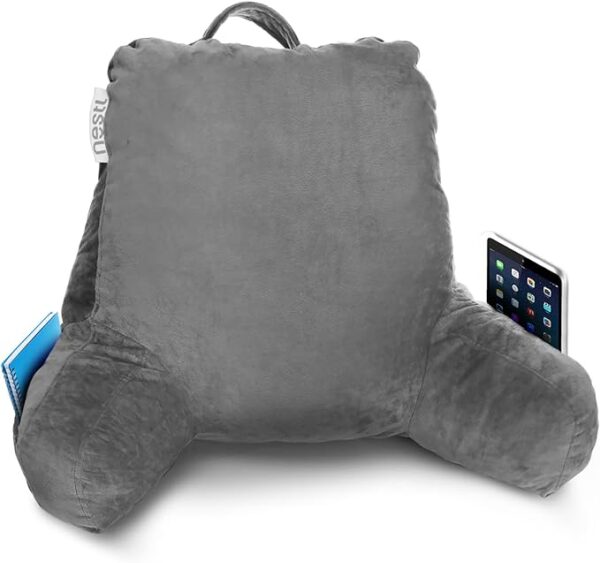 Nestl Reading Pillow Standard Bed Pillow, Back Pillow for Sitting in Bed Shredded Memory Foam Chair Pillow, Reading & Bed Rest Pillows Grey Back Pillow for Bed, Bed Chair Arm Pillow with Pockets