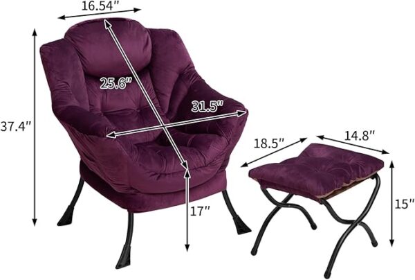 HollyHOME Fabric Lazy Chair with Foldable Ottoman, Accent Comfy Lounge Arm Chair and Folding Footrest Stool Set, Leisure Sofa Reading Chair and Footstool for Living Room, Bedroom, Dorm, Deep Purple - Image 5