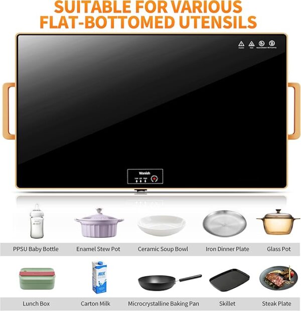 Electric Warming Tray（XXL 32”x18”），Food Warmer with Thermostat and Full Surface Heating，Food Warming Mat with 2 Temperature Modes for Parties Buffet，Gatherings，Gold Edge Handles Warming Mat for Food - Image 6