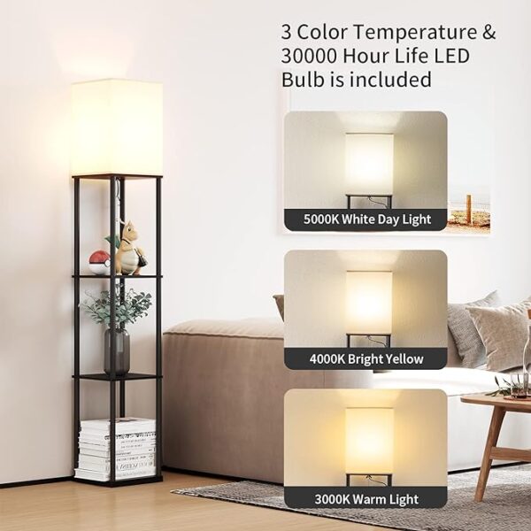 SUNMORY Floor Lamp with Shelves, Modern Square Standing Lamp with 3 Color Temperature Bulb, Corner Display Bookshelf Lamp for Living Room and Bedroom(Black) - Image 2