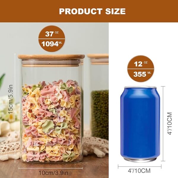 Glass Food Storage Jars 37 oz Set of 6,Glass Storage Containers Clear Glass Food Canister with Bamboo Lid Airtight For Serving Tea, Coffee, Flour, Sugar, Candy, Cookie, Spice and More (Square) - Image 7