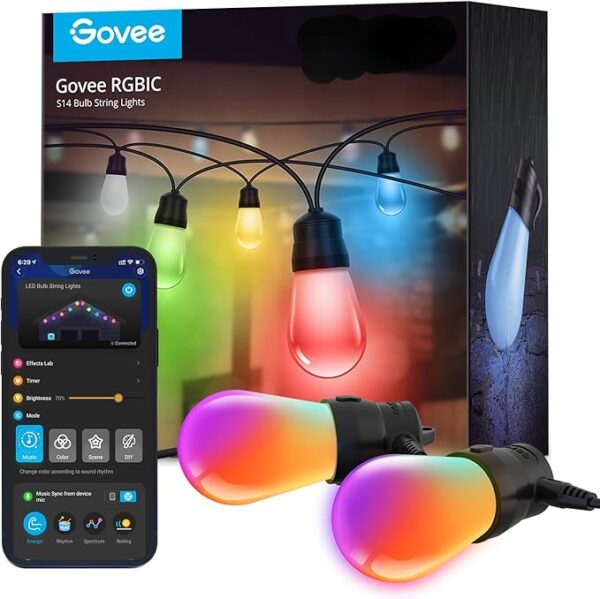 Govee Outdoor String Lights H7015 with 15 Dimmable RGBIC LED Bulbs, 48ft IP65 Waterproof Shatterproof Holidays Decorations, Color Changing Warm White Lights with 47 Scene Modes for Christmas Decor
