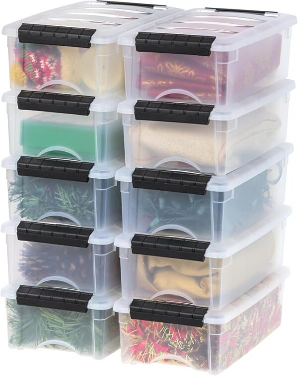 IRIS USA 6 Quart Stackable Plastic Storage Bins with Lids, 10 Pack - BPA-Free, Made in USA - See-Through Organizing Solution, Latches, Durable Nestable Containers, Secure Pull Handle - Clear/Black