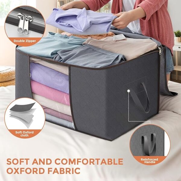 90 L Large Storage Bags, 6 Pack Clothes Storage Bins Foldable Closet Organizers Storage Containers with Reinforced Handle for Clothing, Blanket, Comforters, Bed Sheets, Pillows and Toys (Gray) - Image 3