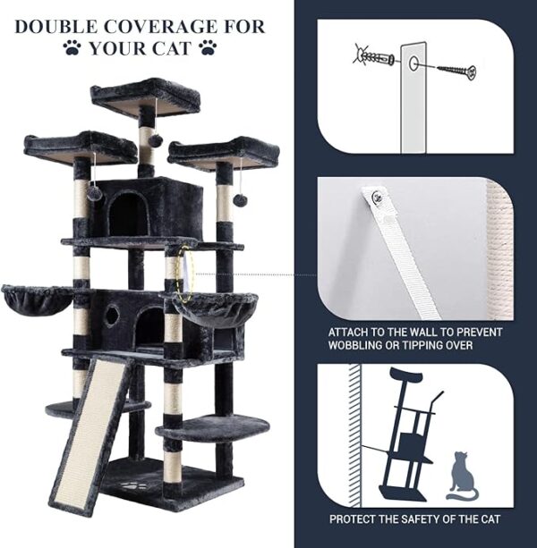 Allewie 68 Inches Cat Tree House with Condo, Scratching Post, and Multi-Level Towers for Cats - Smokey Grey - Image 5