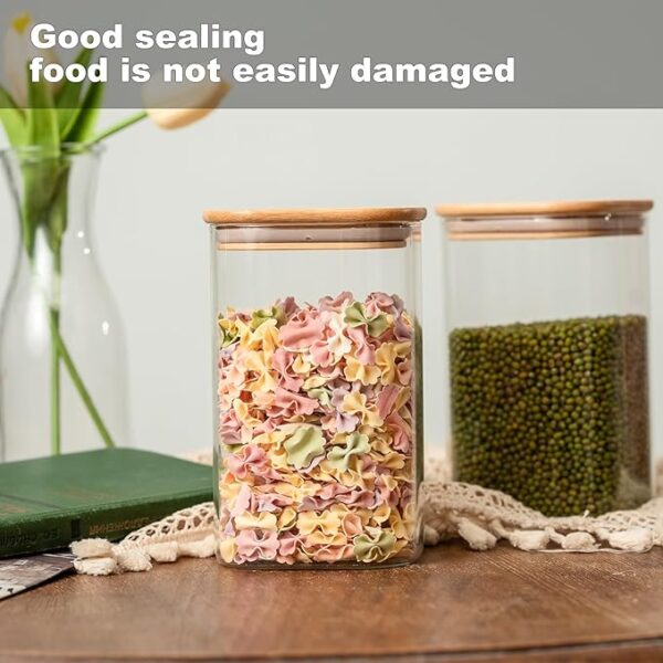 Glass Food Storage Jars 37 oz Set of 6,Glass Storage Containers Clear Glass Food Canister with Bamboo Lid Airtight For Serving Tea, Coffee, Flour, Sugar, Candy, Cookie, Spice and More (Square) - Image 4