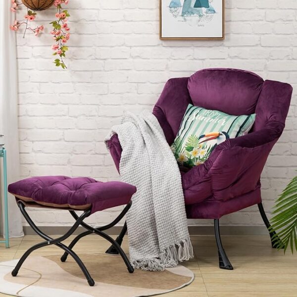 HollyHOME Fabric Lazy Chair with Foldable Ottoman, Accent Comfy Lounge Arm Chair and Folding Footrest Stool Set, Leisure Sofa Reading Chair and Footstool for Living Room, Bedroom, Dorm, Deep Purple - Image 3