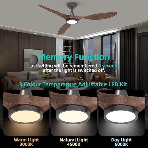 Roomratv Ceiling Fans with Lights and Remote, Ceiling Fan 52 Inch Woodgrain Color Quiet DC Motor 3 CCT Memory Modern Large Airflow Noiseless Reversible 6 Speeds 3 Timers Indoor for Living Room - Image 4