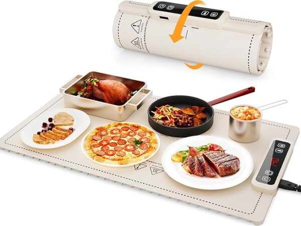 Portable Food Warming Mat for Food: Electric Real-Time Temp Display Food Warmers for Parties, Buffets, Gatherings, 5 Temp Levels, Timer, Auto Shut-Off (Champagne Beige)