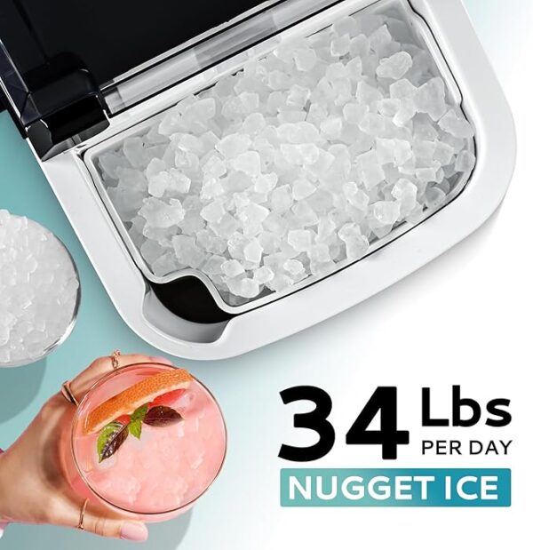 EUHOMY Nugget Ice Maker Countertop with Handle, Ready in 6 Mins, 34lbs Per Day, Removable Top Cover, Auto-Cleaning, Portable Sonic Ice Maker with Basket and Scoop, for Home/Party/RV/Camping (Black) - Image 3