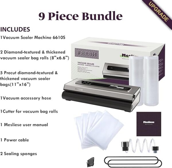 Vacuum Sealer Machine Powerful 90Kpa Precision 6-in-1 Compact Food Preservation System with Cutter, 2 Bag Rolls & 5 Pre-cut Bags, Widened 12mm Sealing Strip, Dry&Moist Modes (Silver) - Image 4