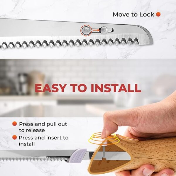 Electric Knife - Easy-Slice Serrated Edge Blades Carving Set for Meat, Bread, Turkey, Ribs, Fillet, DIY, Ergonomic Handle + 2 Blades for Raw & Cooked Food(Faux Wood) - Image 6