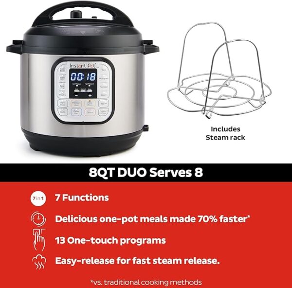 Instant Pot Duo 7-in-1 Electric Pressure Cooker, Slow Cooker, Rice Cooker, Steamer, Sauté, Yogurt Maker, Warmer & Sterilizer, Includes App With Over 800 Recipes, Stainless Steel, 8 Quart - Image 3