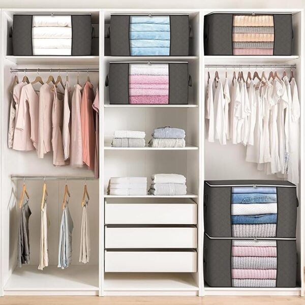 90 L Large Storage Bags, 6 Pack Clothes Storage Bins Foldable Closet Organizers Storage Containers with Reinforced Handle for Clothing, Blanket, Comforters, Bed Sheets, Pillows and Toys (Gray) - Image 2