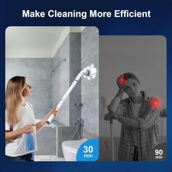 LABIGO Electric Spin Scrubber LA4 Pro, Dual Speed Bathroom Scrubber with Display & 6 Replacement Cleaning Heads, Cordless Power Scrubber with Adjustable & Detachable Handle for Bathroom Floor Tile - Image 3