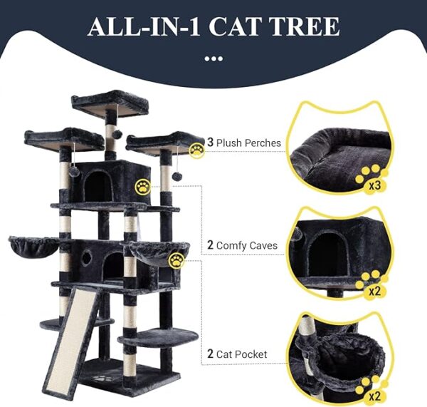 Allewie 68 Inches Cat Tree House with Condo, Scratching Post, and Multi-Level Towers for Cats - Smokey Grey - Image 7