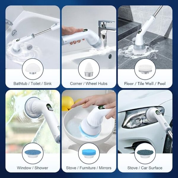 LABIGO Electric Spin Scrubber LA4 Pro, Dual Speed Bathroom Scrubber with Display & 6 Replacement Cleaning Heads, Cordless Power Scrubber with Adjustable & Detachable Handle for Bathroom Floor Tile - Image 4