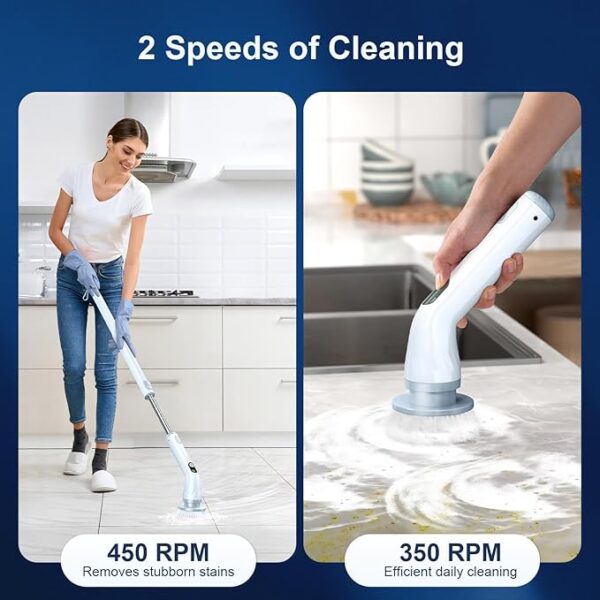 LABIGO Electric Spin Scrubber LA4 Pro, Dual Speed Bathroom Scrubber with Display & 6 Replacement Cleaning Heads, Cordless Power Scrubber with Adjustable & Detachable Handle for Bathroom Floor Tile - Image 5