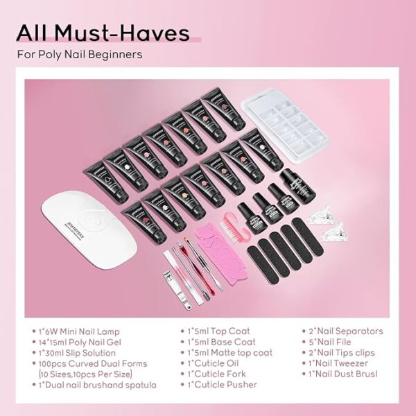 JEWHITENY Poly Extension Gel Nail Kit 14 PCS Poly Gel With Mini Nail Lamp Poly Nail Gel Kit with Slip Solution Basic Poly Gel Nail Art Tools Nail Art Design Beginner Kit - Image 4