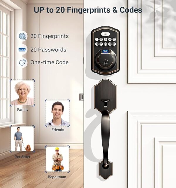 Veise Fingerprint Door Lock Set, Keyless Entry Door Lock, Front Door Handle Set, Electronic Keypad Deadbolt with Lever Handle, 2 Keys, Auto Lock, Code Door Lock, Easy to Install, Oil Rubbed Bronze - Image 2
