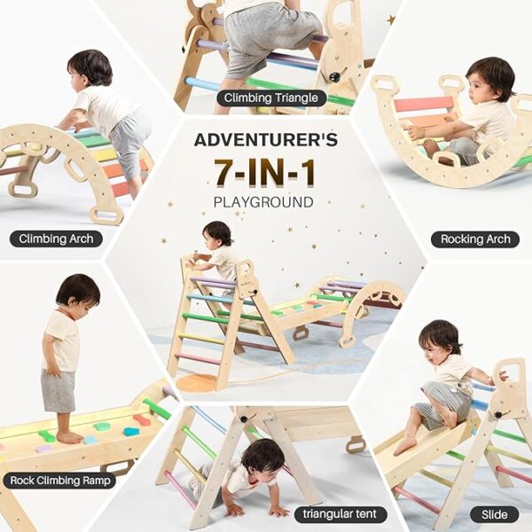 BlueWood Pikler Triangle Set 7in1 Foldable Baby Climbing Toys Wooden Montessori Climbing Set with Arch&Ramp&Ladder Baby Climber Indoor Jungle Gyms for Toddlers Montessori Toys - Rainbow - Image 4