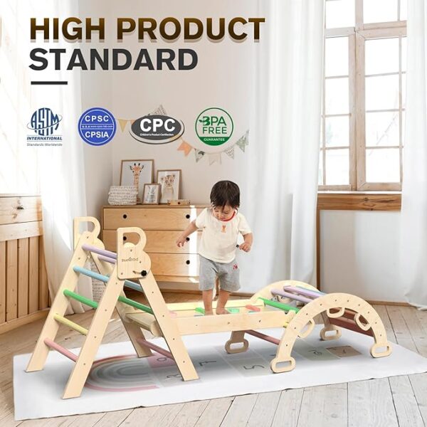 BlueWood Pikler Triangle Set 7in1 Foldable Baby Climbing Toys Wooden Montessori Climbing Set with Arch&Ramp&Ladder Baby Climber Indoor Jungle Gyms for Toddlers Montessori Toys - Rainbow - Image 3