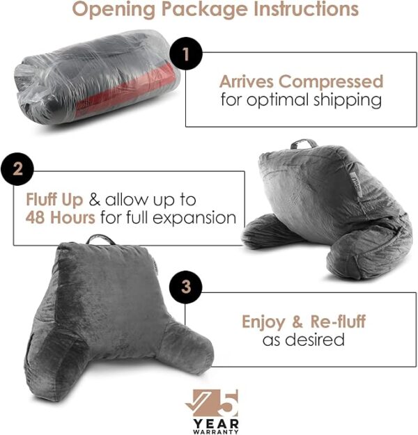 Nestl Reading Pillow Standard Bed Pillow, Back Pillow for Sitting in Bed Shredded Memory Foam Chair Pillow, Reading & Bed Rest Pillows Grey Back Pillow for Bed, Bed Chair Arm Pillow with Pockets - Image 3