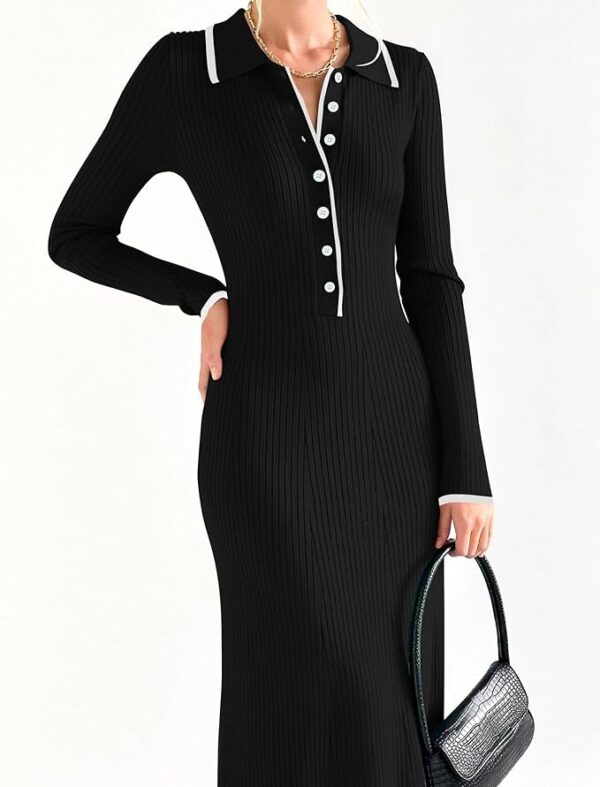 ZESICA Women's Long Sleeve Sweater Dress 2024 Fall V Neck Ribbed Knit Casual Formal Cocktail Bodycon Maxi Dresses - Image 3