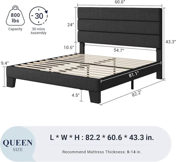 Allewie Queen Size Platform Bed Frame with Fabric Upholstered Headboard and Wooden Slats Support, Fully Upholstered Mattress Foundation/No Box Spring Needed/Easy Assembly, Dark Grey - Image 4