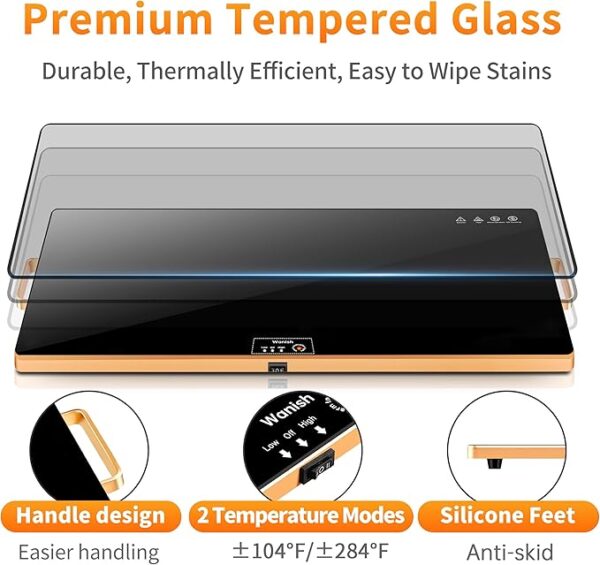 Electric Warming Tray（XXL 32”x18”），Food Warmer with Thermostat and Full Surface Heating，Food Warming Mat with 2 Temperature Modes for Parties Buffet，Gatherings，Gold Edge Handles Warming Mat for Food - Image 7