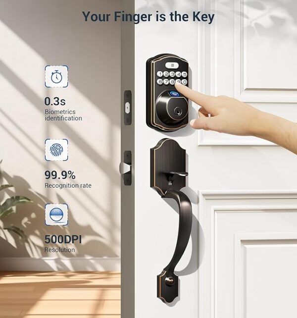 Veise Fingerprint Door Lock Set, Keyless Entry Door Lock, Front Door Handle Set, Electronic Keypad Deadbolt with Lever Handle, 2 Keys, Auto Lock, Code Door Lock, Easy to Install, Oil Rubbed Bronze - Image 3