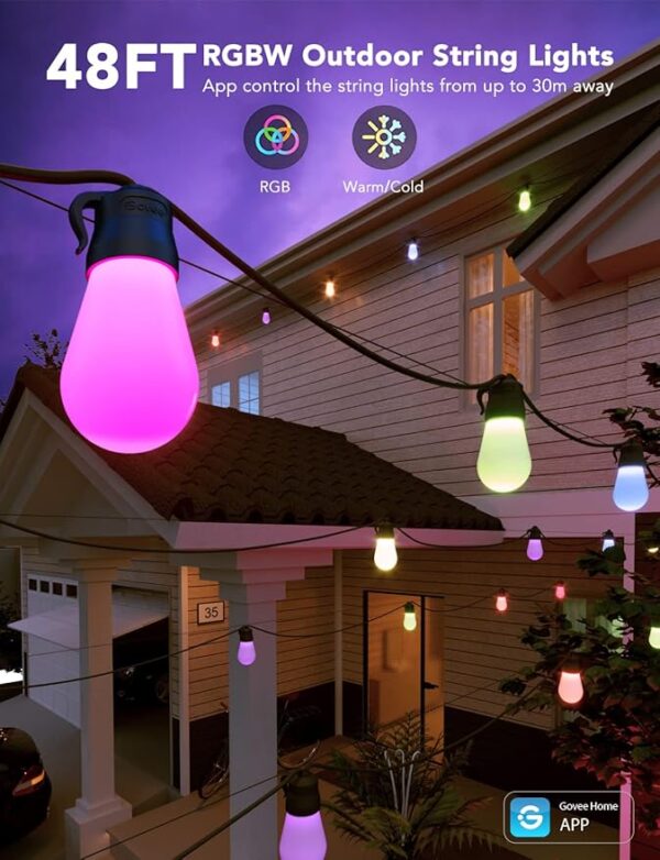 Govee Outdoor String Lights H7015 with 15 Dimmable RGBIC LED Bulbs, 48ft IP65 Waterproof Shatterproof Holidays Decorations, Color Changing Warm White Lights with 47 Scene Modes for Christmas Decor - Image 5
