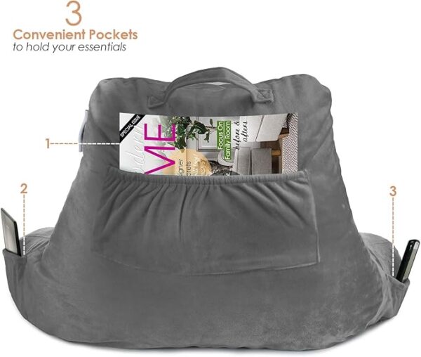 Nestl Reading Pillow Standard Bed Pillow, Back Pillow for Sitting in Bed Shredded Memory Foam Chair Pillow, Reading & Bed Rest Pillows Grey Back Pillow for Bed, Bed Chair Arm Pillow with Pockets - Image 2