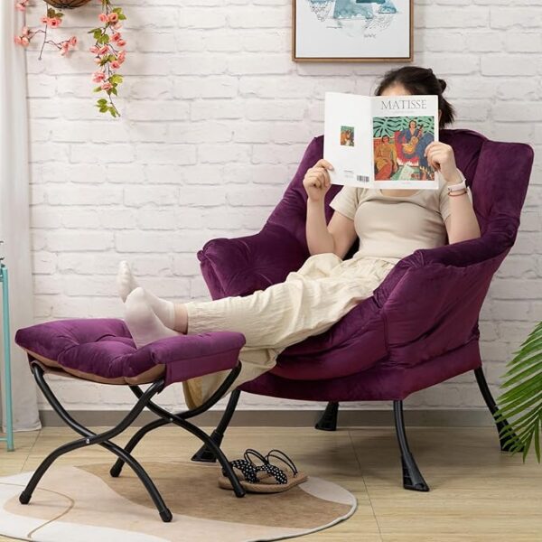 HollyHOME Fabric Lazy Chair with Foldable Ottoman, Accent Comfy Lounge Arm Chair and Folding Footrest Stool Set, Leisure Sofa Reading Chair and Footstool for Living Room, Bedroom, Dorm, Deep Purple - Image 2