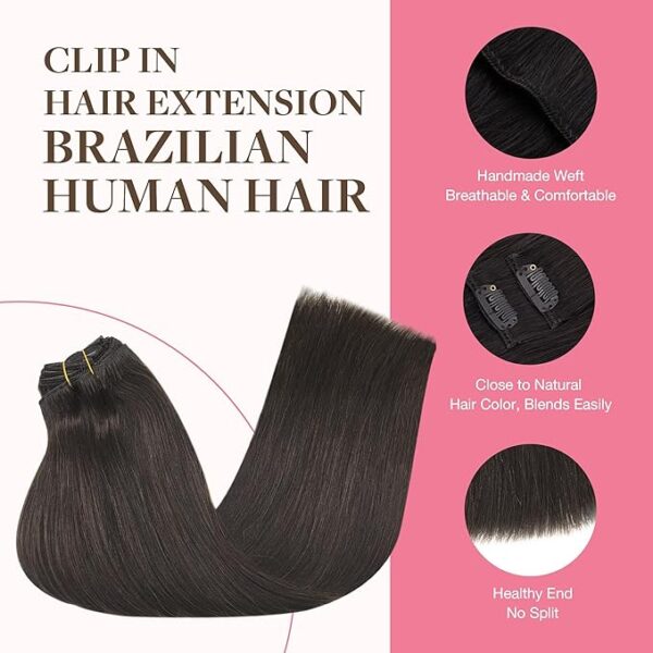 GOO GOO Clip in Hair Extensions Real Human Hair, Remy Human Hair Extensions Clip ins for Women, Natural Human Hair, 22inch 150g 9Pcs, 2 Dark Brown - Image 3