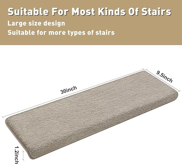 PURE ERA Carpet Stair Treads Ultra Plush 9.5" X 30"Soft Bullnose Indoor Stair Protectors Pet-Friendly Non-Slip Skid Resistant Tape Free Washable Reusable(14 Pieces, Cream Gray) - Image 2