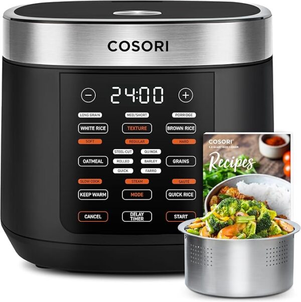 COSORI Rice Cooker 10 Cup, 24h Keep Warm, 18 Functions Fuzzy Logic Rice Maker with Stainless Steel Steamer Basket, Sauté, Slow Cooker, Black