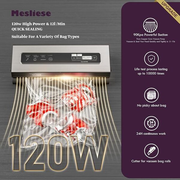 Vacuum Sealer Machine Powerful 90Kpa Precision 6-in-1 Compact Food Preservation System with Cutter, 2 Bag Rolls & 5 Pre-cut Bags, Widened 12mm Sealing Strip, Dry&Moist Modes (Silver) - Image 3