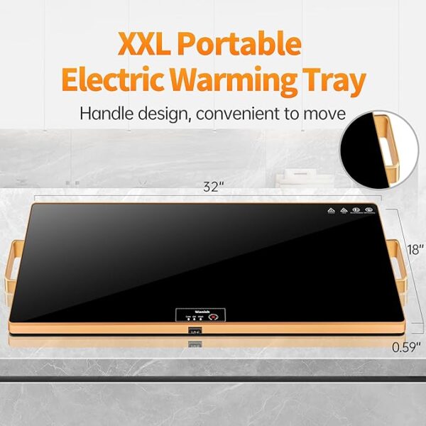 Electric Warming Tray（XXL 32”x18”），Food Warmer with Thermostat and Full Surface Heating，Food Warming Mat with 2 Temperature Modes for Parties Buffet，Gatherings，Gold Edge Handles Warming Mat for Food - Image 4