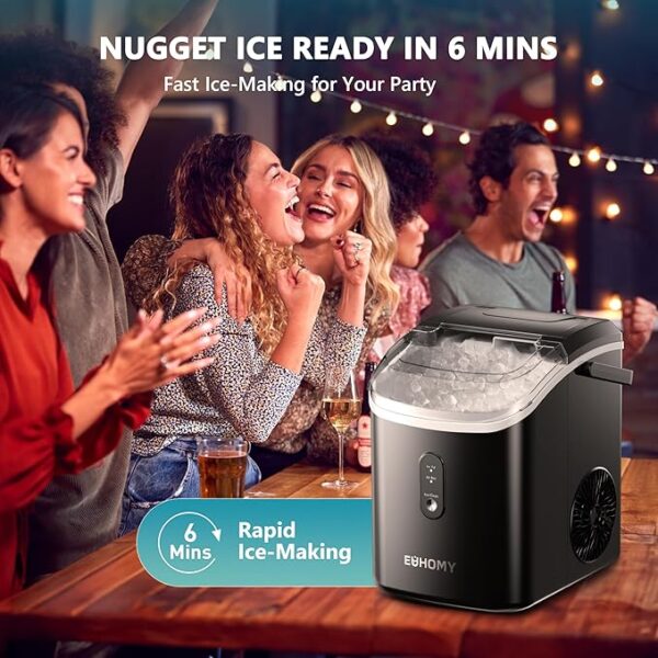 EUHOMY Nugget Ice Maker Countertop with Handle, Ready in 6 Mins, 34lbs Per Day, Removable Top Cover, Auto-Cleaning, Portable Sonic Ice Maker with Basket and Scoop, for Home/Party/RV/Camping (Black) - Image 5