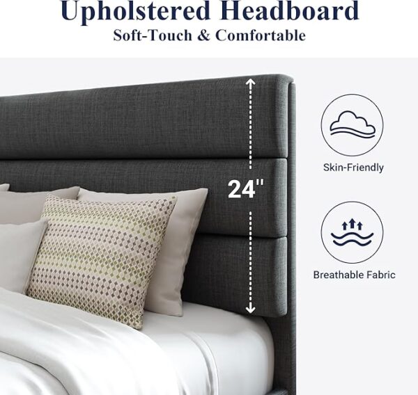 Allewie Queen Size Platform Bed Frame with Fabric Upholstered Headboard and Wooden Slats Support, Fully Upholstered Mattress Foundation/No Box Spring Needed/Easy Assembly, Dark Grey - Image 3