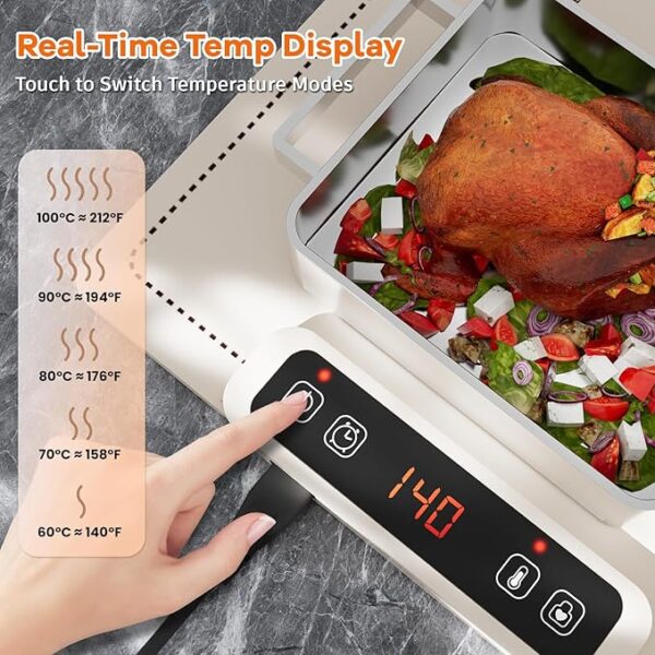 Portable Food Warming Mat for Food: Electric Real-Time Temp Display Food Warmers for Parties, Buffets, Gatherings, 5 Temp Levels, Timer, Auto Shut-Off (Champagne Beige) - Image 4