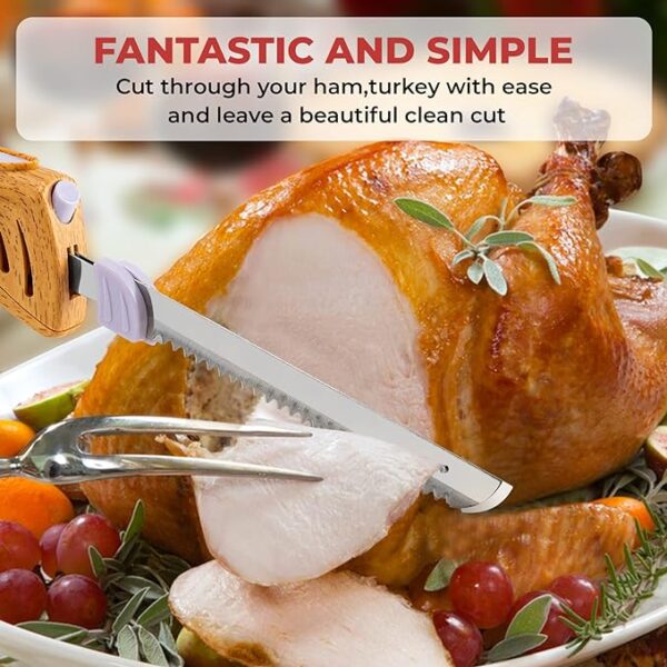Electric Knife - Easy-Slice Serrated Edge Blades Carving Set for Meat, Bread, Turkey, Ribs, Fillet, DIY, Ergonomic Handle + 2 Blades for Raw & Cooked Food(Faux Wood) - Image 7