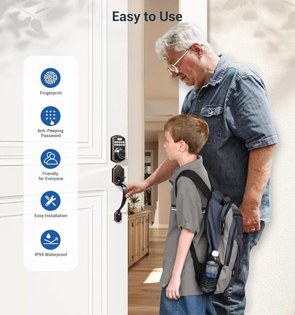 Veise Fingerprint Door Lock Set, Keyless Entry Door Lock, Front Door Handle Set, Electronic Keypad Deadbolt with Lever Handle, 2 Keys, Auto Lock, Code Door Lock, Easy to Install, Oil Rubbed Bronze - Image 4