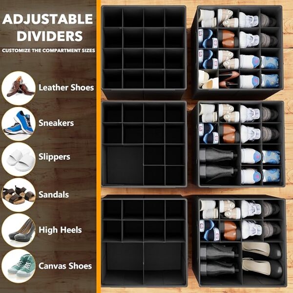 SpaceAid Shoe Organizer for Closet, 2 Pack Foldable Shoe Storage Containers Baskets Boxes Bins w/Adjustable Dividers, Fits 16-32 Pairs, Black - Image 4
