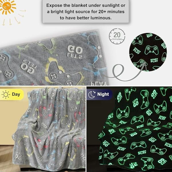 Jekeno Glow in The Dark Gaming Blanket Gamer Game Controller Throw Gift Toys for Kids Boys Teen Son Adults Gamepad Presents Easter Birthday Christmas Bedroom Decor Luminous Blanket Grey 50"x60" - Image 4