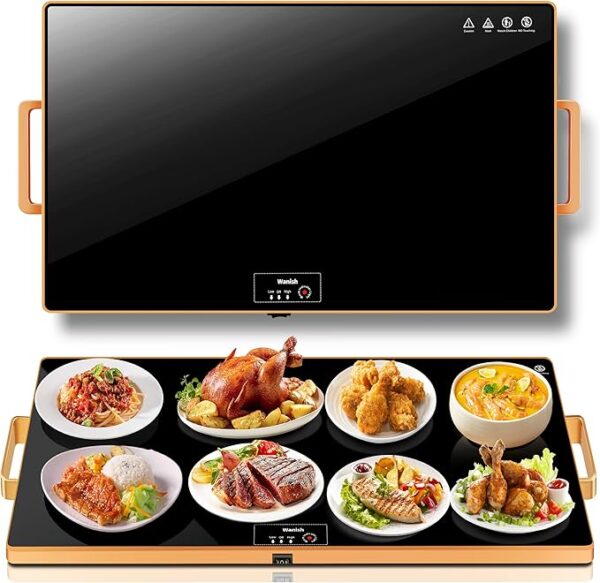 Electric Warming Tray（XXL 32”x18”），Food Warmer with Thermostat and Full Surface Heating，Food Warming Mat with 2 Temperature Modes for Parties Buffet，Gatherings，Gold Edge Handles Warming Mat for Food